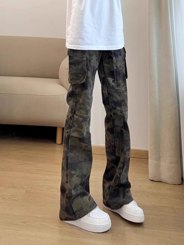 Мужские зимние узкие камуфляжные джинсы-карго bootcut с прямым кроем и бархатной подкладкой.
