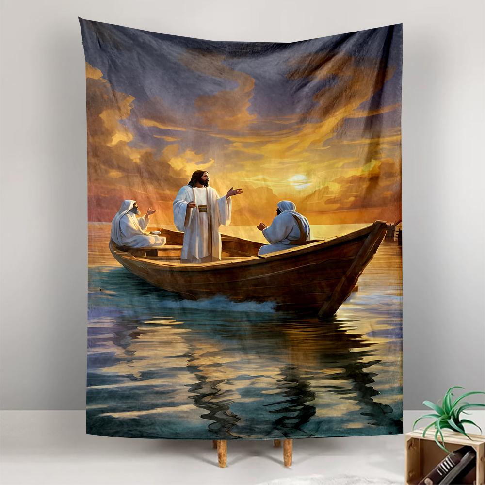 Jesus disciples boat sunset calm sea peaceful spiritual artwork Patterned tapestry for bedroom and living room home decor sofas