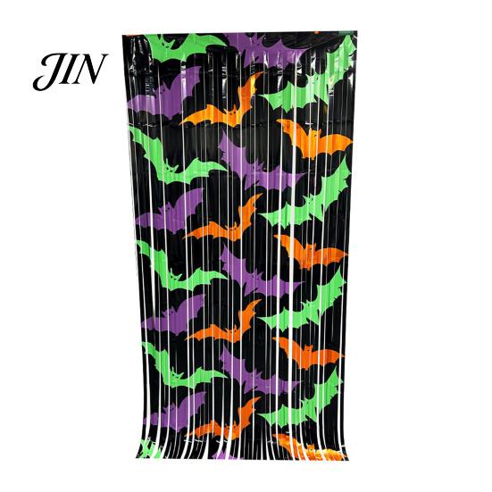 Holiday Party Backdrop Foil Fringe Curtain for Halloween, Orange Purple Black Background Tinsel Photo Booth Props, Pumpkin Ghost Bat Halloween