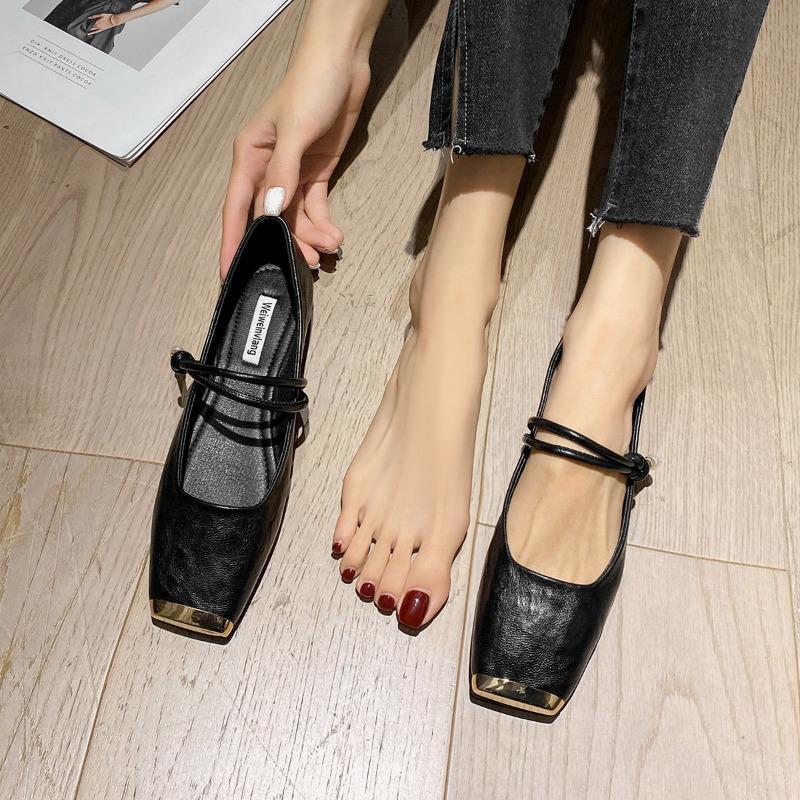 Туфли женские с квадратным носком, с плоским дном, с одним ремешком, туфли Мэри Джейн, французские туфли с неглубоким носком, женские туфли из сои