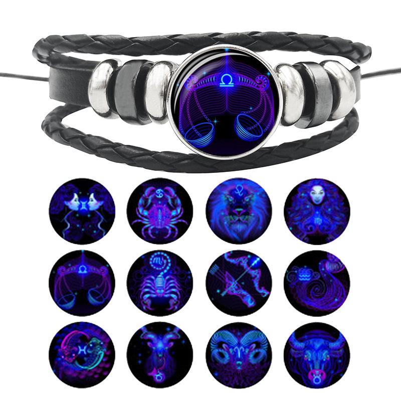 Night Light Up Zodiac Sign Braided Leather Bracelet for Men Women - 12 Constellation Horoscope Adjustable Wristband