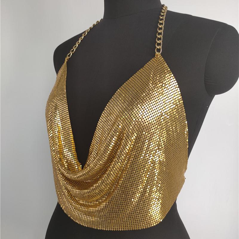 Shining Sequins, Bright Diamonds, Nightclub Style, Sexy, Metal Chain, Neck Hanging V-neck, Backless Top, Tank Top, Sexy Look