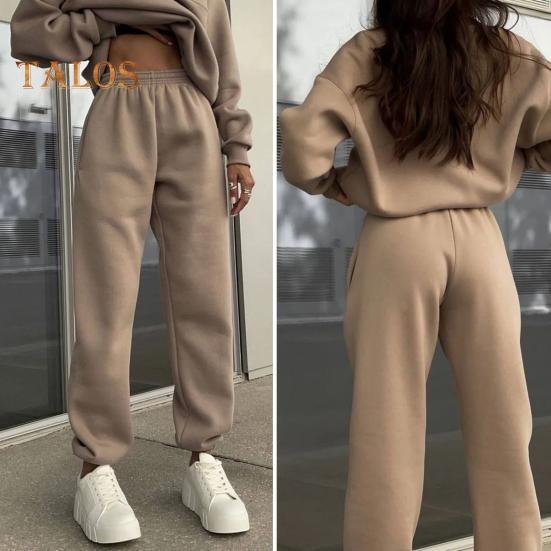 2 Pcs/Set Women Top Pants Set Half Zipper High Collar Long Sleeve Thickened Sweatshirt Stretchy Waist Ankle-banded Trousers Sport Fitness Tracksuit