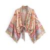 Vintage Bohemian Floral Print Sashes Short  Kimono Women V-Neck Batwing Sleeves Ladies Beach Robe Cover-ups