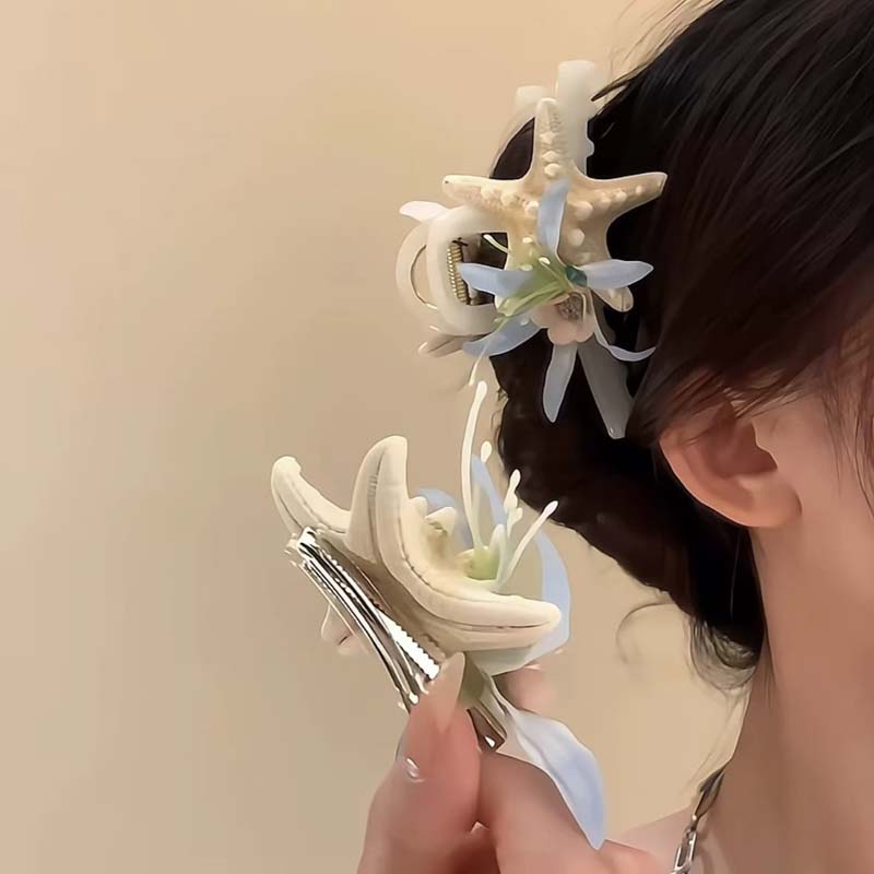 2025 New Korean Blue Ocean Starfish Shell Flower Hair Claw Hairpins For Women Cute Big Flower Hair Clip Beach Hair Accessories