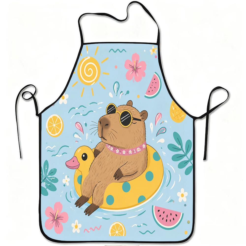 1pc Capybara & Rubber Duck Apron with Tropical Fruit Print, Adjustable Waistband - Durable Easy-Clean Polyester Apron Suitable f