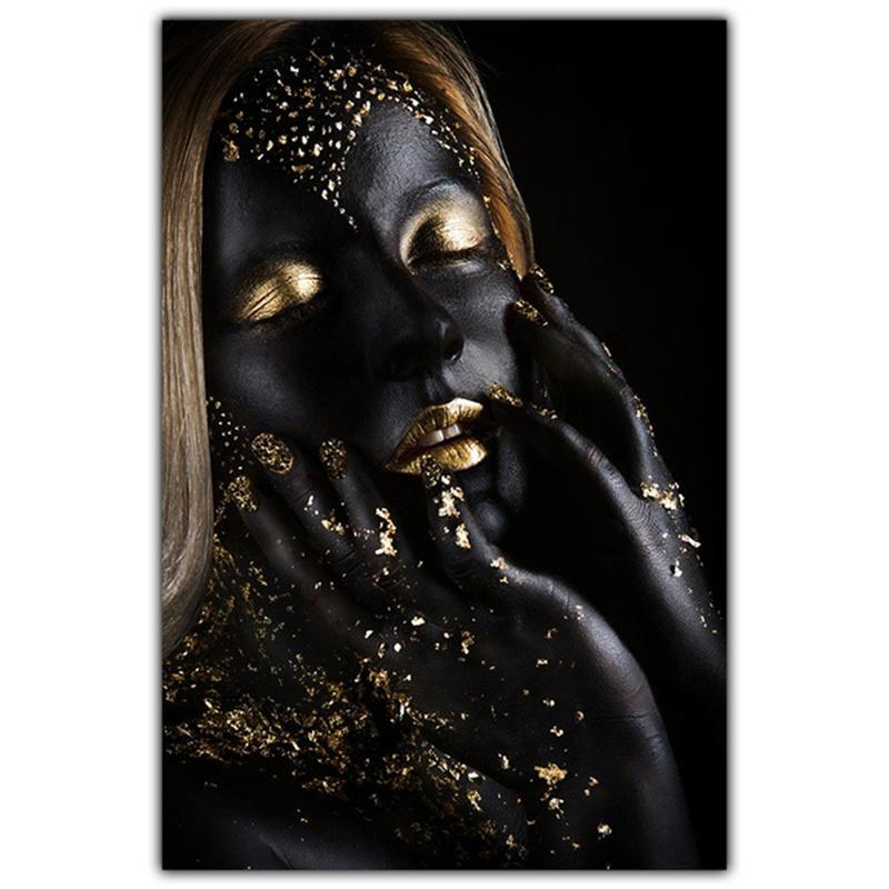 Gold Necklace African Woman Canvas Painting Figure Art Posters and Prints Black Women Wall Art Pictures for Living Room Decor