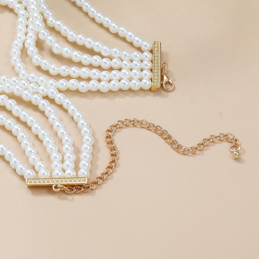 Multi-layer Imitation Pearl Necklace with Glass Diamond Flower - European & American Style Jewelry