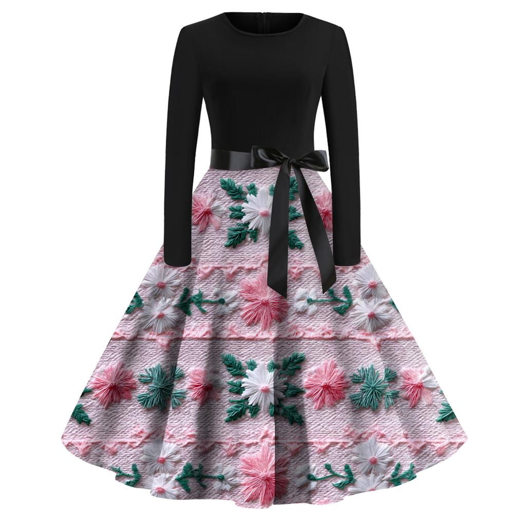 Женское модное повседневное платье с круглым вырезом, рождественским принтом и длинными рукавами