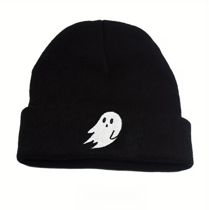 Вязаная шапка-бини на Хэллоуин с вышивкой-призраком для мужчин и женщин - Теплая, модная осенне-зимняя уличная мода