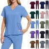 Soild Scrub Working Uniform Suit For Women's Cross V-Neck Short Sleeve Fun T-Shirts Workwear Tee With Pockets