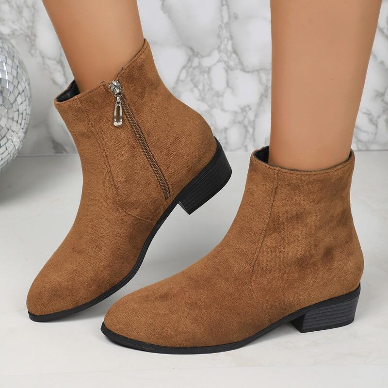 European and American Foreign Trade Side Zipper Thick Heel Suede Martin Boots Women's Cross-border Low Heel Large Size Thin Short Bare Boots