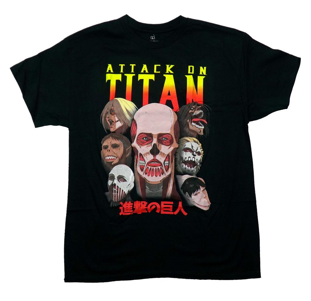 Attack on Titan New Adult T-Shirt - Yellow & Red Name Over Cast of Titans
