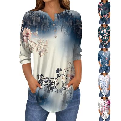 Женская мода свободный воротник на пуговицах с принтом рукав 3/43/4 футболка топы пуловер