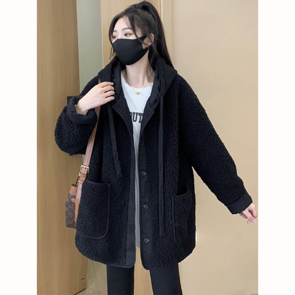 Куртки для женщин, осенне-зимняя плюшевая куртка с имитацией овечьей шерсти, корейская мода, свободное повседневное однотонное женское пальто с капюшоном