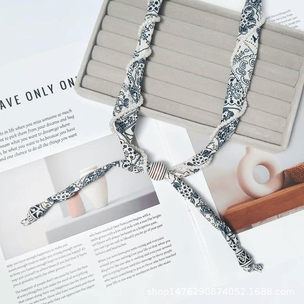 Cashew flower wrapped pearl silk scarf neck necklace female art student unique beautiful neck accessories long sweater chain