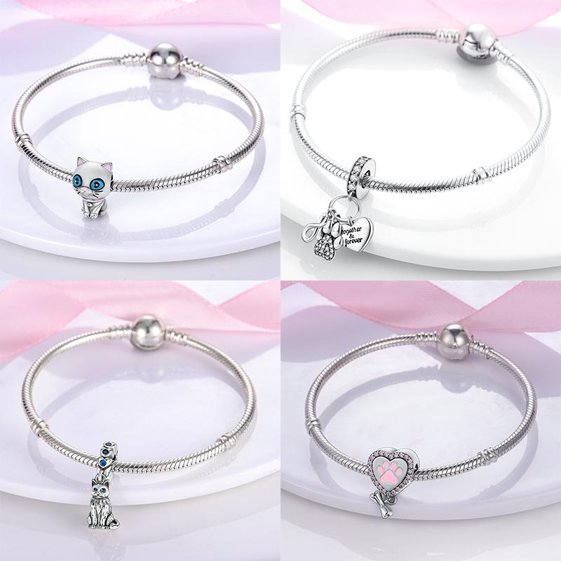 925 Sterling Copper Cat and Dog Series Best Friend Pendant Fit 4MM Hole Diamete Bracelet Charms Bead Necklace DIY Female Zircon