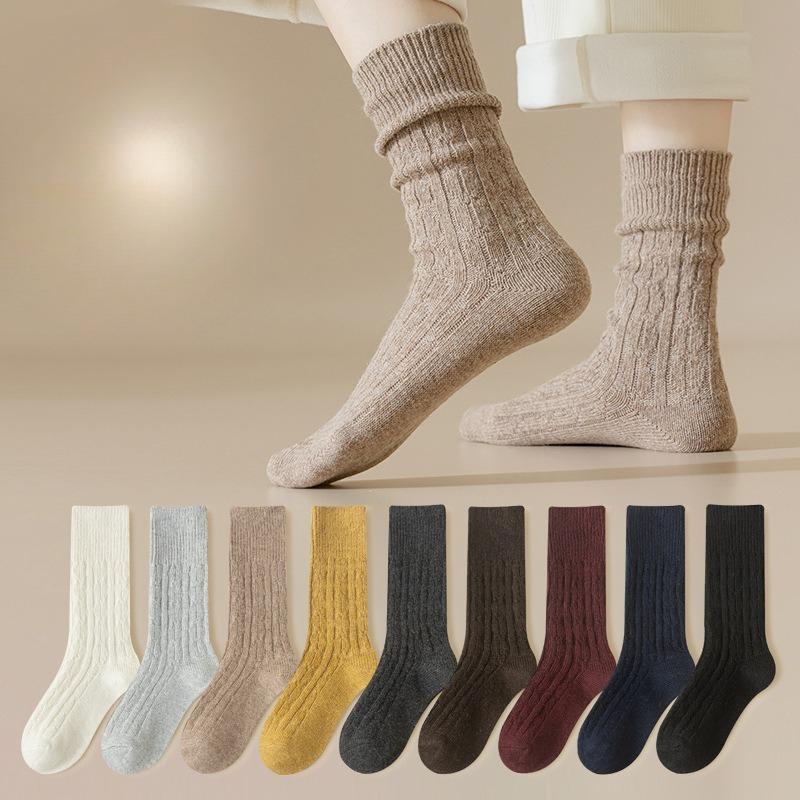 Women's Winter Thickened Warm Wool Socks, Solid-color Pile Socks, Double-needle Women's Socks, High-top Cotton Socks