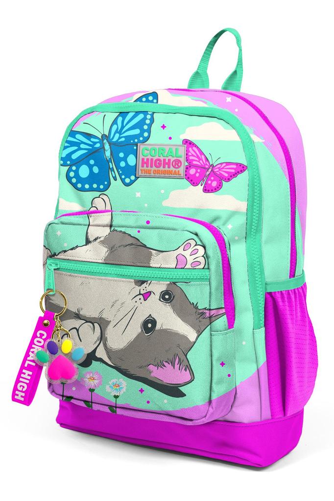 Детский школьный рюкзак с четырьмя отделениями Coral High Kids Water Green Pink Cat Patterned 23707
