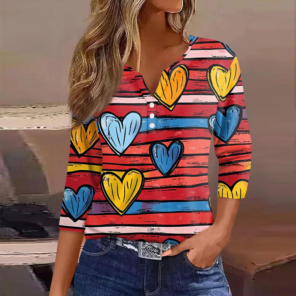 Женская футболка с принтом ко Дню святого Валентина, на пуговицах, рукав 3/4, туника, повседневная мода на выходные, базовый топ с V-образным вырезом