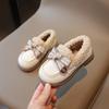 Зимняя детская обувь в корейском стиле, кожаные туфли для девочек с бантом, универсальные детские повседневные модные хлопковые туфли, мокасины на плоской подошве, нескользящие