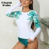 Womens Rashguard Sun Protection Swim Shirt Long Sleeve Sun Protection Thumb Hole UPF 50 V Round Collar Leave Print