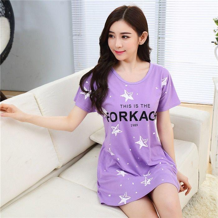 Summer Nightdress Female Cute Sweet Print Short-sleeved Girl Loose Comfortable Soft Mid-length Plus Size Nightdress Ladies Home