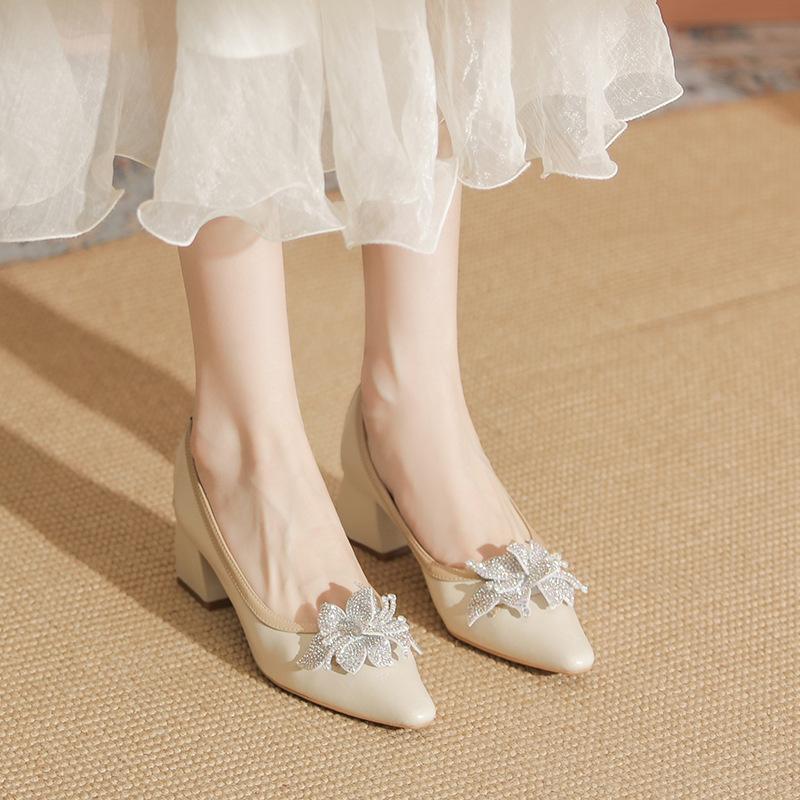 Кожаные туфли на толстом каблуке женские весенне-осенние новые универсальные юбки в стиле феи темпераментные высокие каблуки