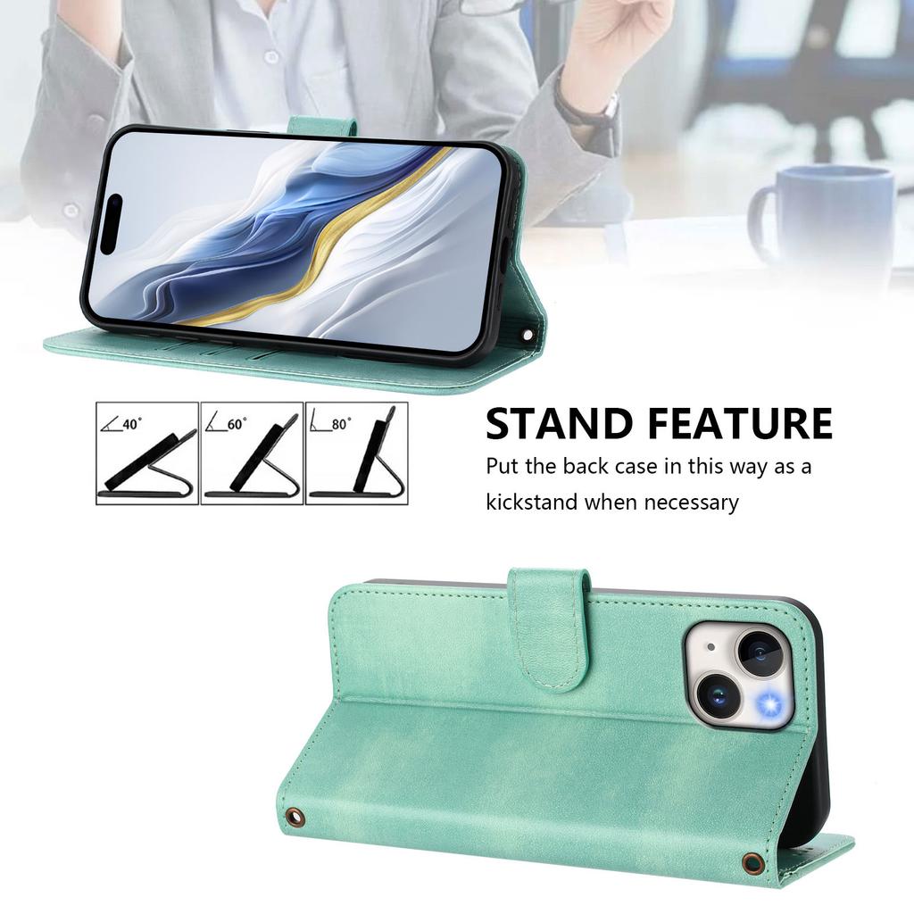 For iPhone 15 Cases Wallet Stand Retro Texture Leather Phone Cover with Lanyard