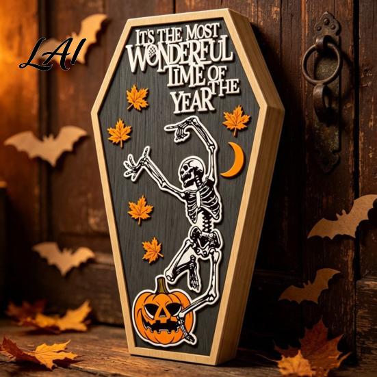 Unique Halloween Presents Table Sign Spooky Message Board Wooden Tabletop Centerpiece with Skeleton Ornaments And Maple Leaves for Haunted