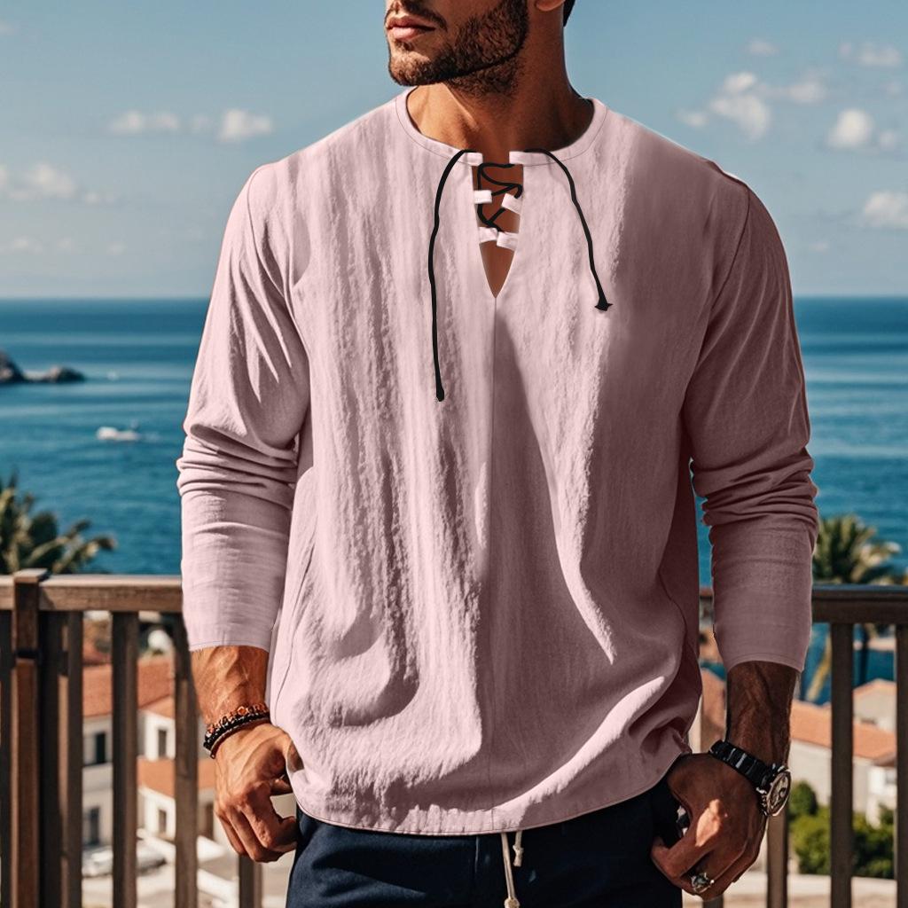Мужская свободная футболка с V-образным вырезом и длинным рукавом, однотонная хлопковая конопляная пляжная рубашка с воротником