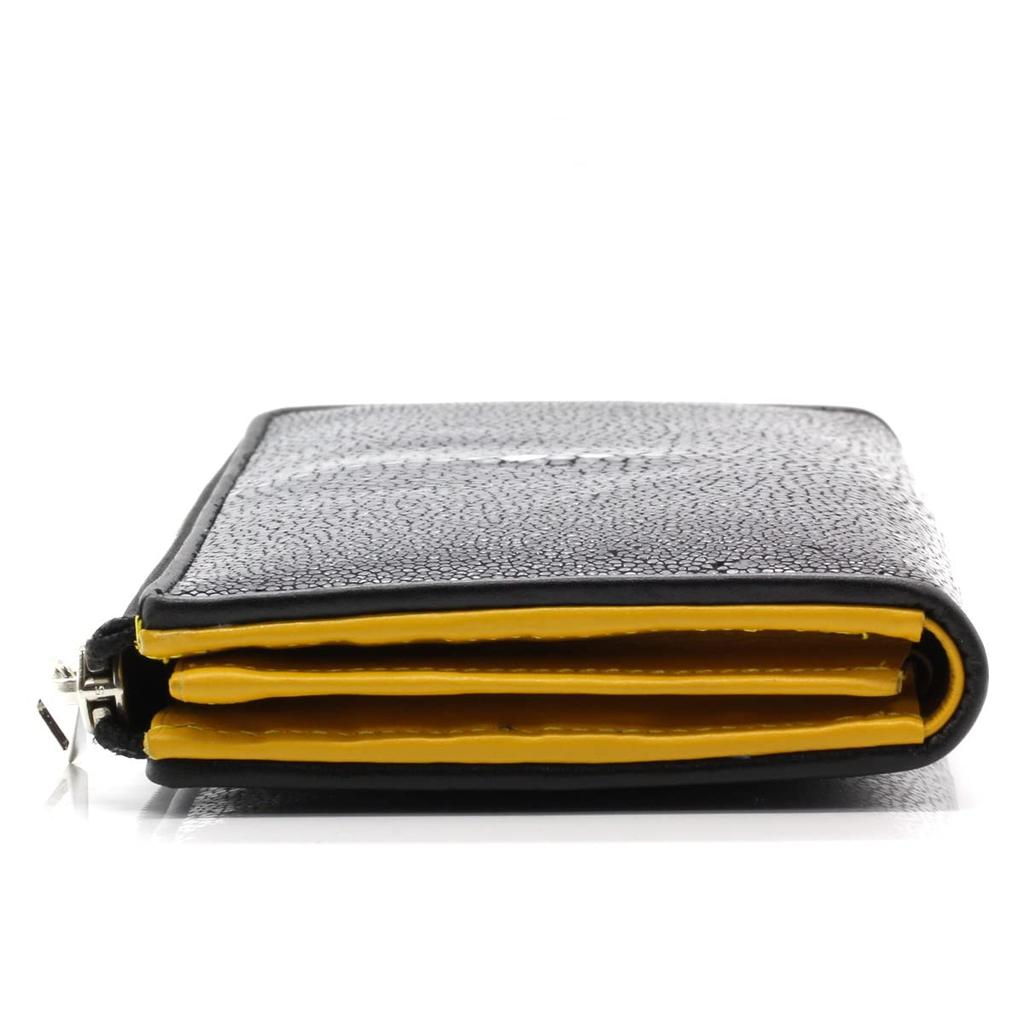 Длинный кошелек Levetta из кожи ската с горчично-желтой фурнитурой YKK из галюши и ската для мужчин и подкладкой из натуральной кожи, на L-молнии, кожа, черный, женский,