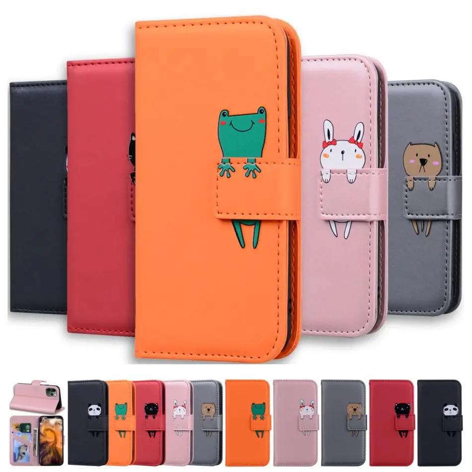 Кожаный чехол-книжка для IPhone 16 15 14 13 12 11 Pro XR XS Max 6S 7 8 Plus Милая Забавная Лягушка Кошка Кролик Собака Кошелек Подставка Обложка