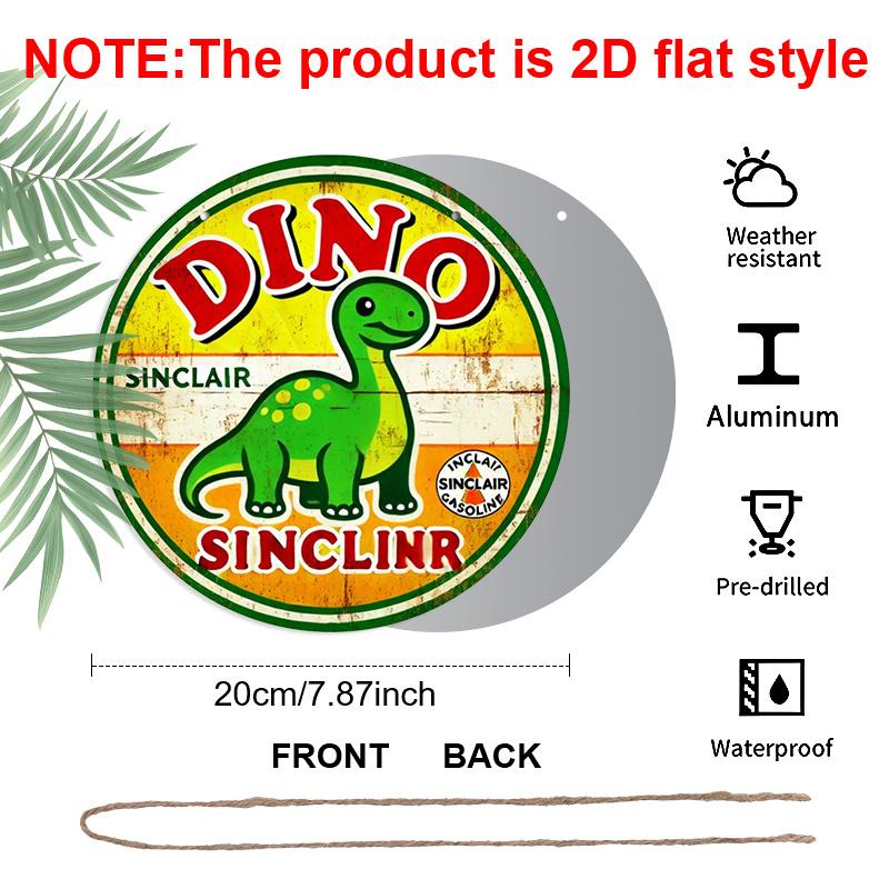 2D Flat 1pc, Vintage Sinclair Dino Gasoline Metal Sign, 8x8 in, Decorative Aluminum Round Wall Plaque for Home, Garden, Garage, Bar, Cafe