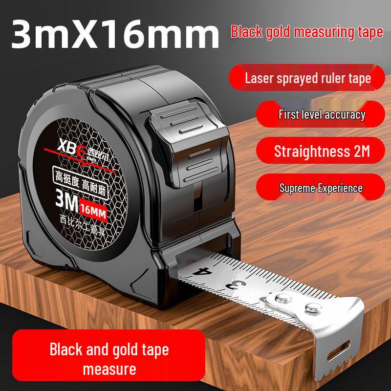Высокоточная самоблокирующаяся флуоресцентная стальная рулетка, 5 м, износостойкая лазерная маркировка, черно-золотой корпус.