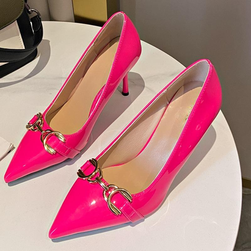 Fashion Low-top Single Shoes Women Fashion Pointed Shallow Mouth Metal Buckle Set Foot Anti-slip Wear-resistant High Heels