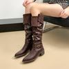Зимние винтажные женские высокие ботинки-рыцари с острым носком, модные туфли на толстом каблуке с пряжкой-ремнем, женский уличный стиль, западные длинные боты