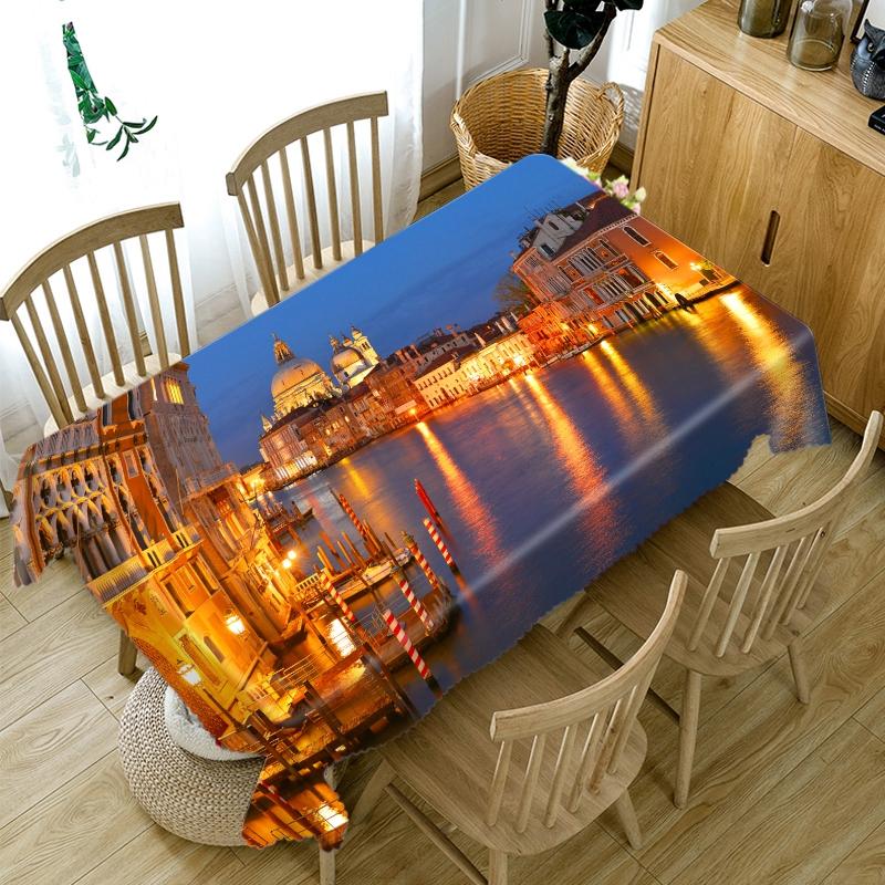 Thicken Cotton Tablecloth Bay City View Night Lights Pattern Rectangular Round Table Cloth For Wedding Picnic Party