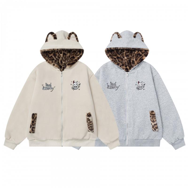Unisex Oversized Hooded Fleece-Lined Cotton Blend Jacket With Leopard Ear Detail Winter Warm Loose Fit