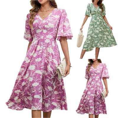 Женское повседневное платье с принтом, V-образным вырезом и короткими рукавами, пляжная юбка в стиле бохо, пляжная юбка