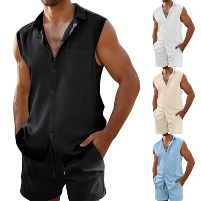 Мужской летний однотонный дышащий свободный комплект из рубашки без рукавов с пуговицами и шортами