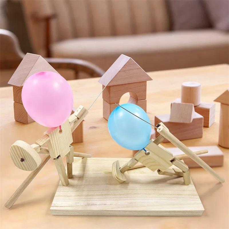 Balloon Bamboo Man Battle Handmade Wooden Fencing Puppets Wooden Bots Battle Game Two-Player Fast-Paced Balloon Battle Game 5