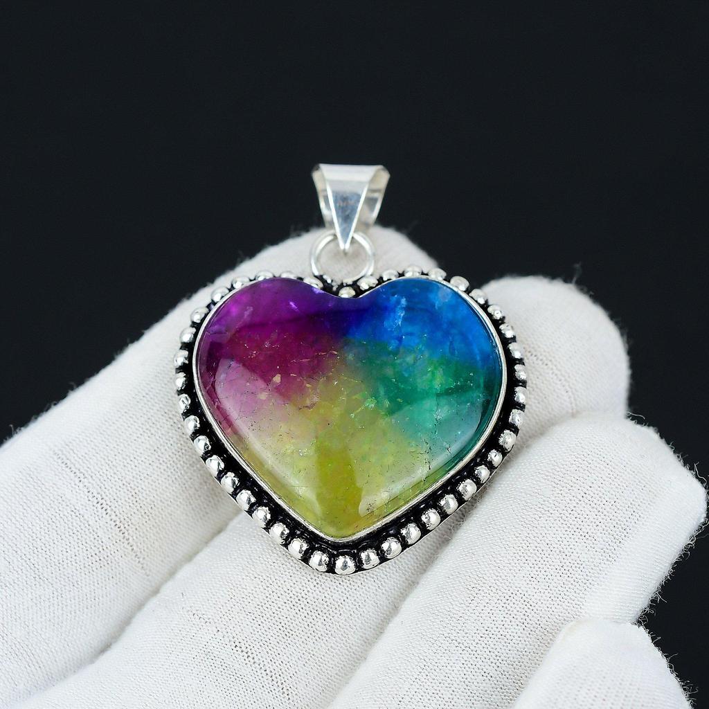 Heart Shape Rainbow Solar Quartz Gemstone Handmade Pendant, 925 Sterling Silver Pendant, Natural Rainbow Solar Pendant, Jewelry For Gift