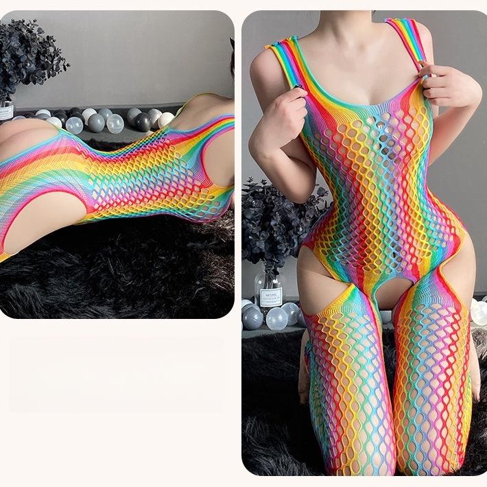 Colorful Stripes Sexy Hollow Stretch Porn Fishnet Erotic Lingerie for Women Female Crotchless Teddy Bodystockings Erotic Adult Female Sex Game Costume