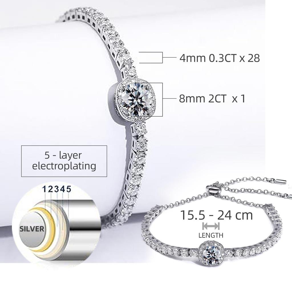 Moissanite Tennis 2CT 8mm Simulated Moissanite 925 Silver 18K White Adjustable Silver Jewelry One Moissanite Bracelet, Diamond, Plated, Gold, Women's