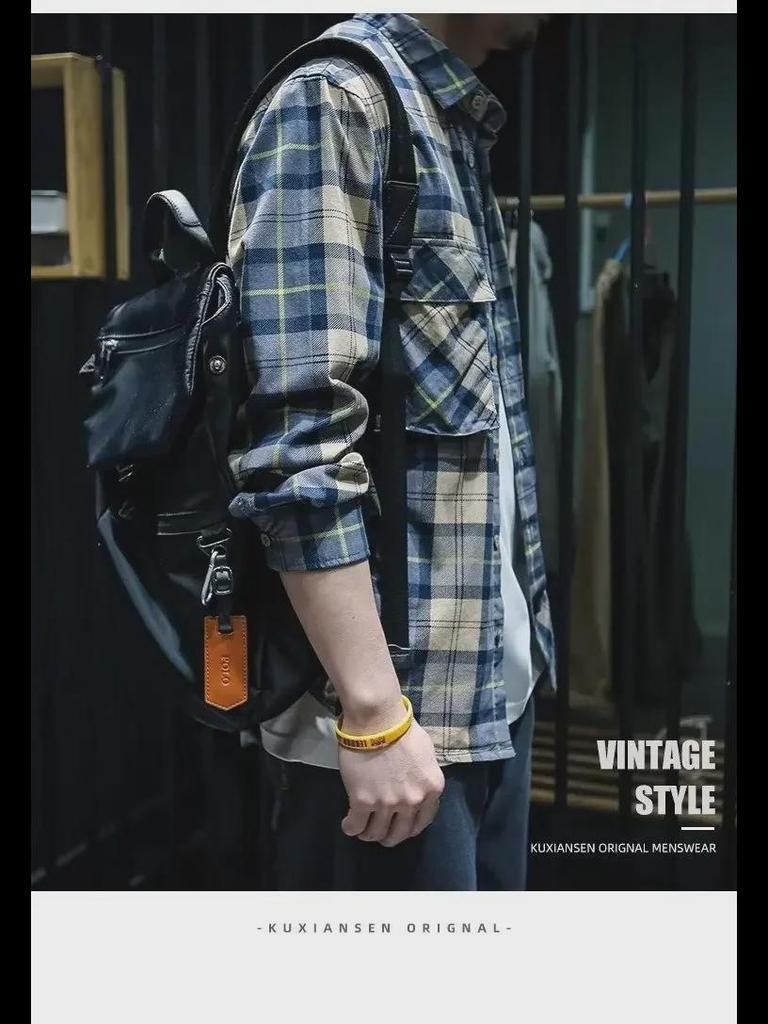 Мужская повседневная рубашка в клетку с длинным рукавом — молодежная мода в японском и гонконгском стиле