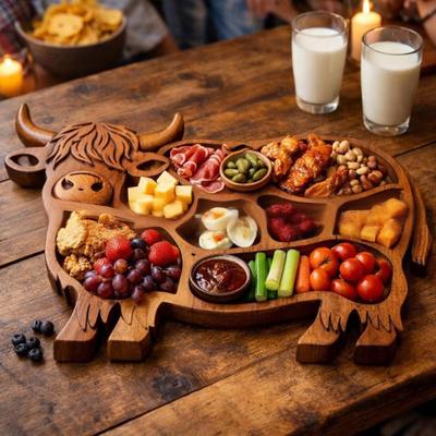 Деревянная доска для закусок в форме шотландской коровы, симпатичный поднос в форме коровы, деревенское блюдо для еды с отделениями для сыра, мяса, фруктов и закусок.