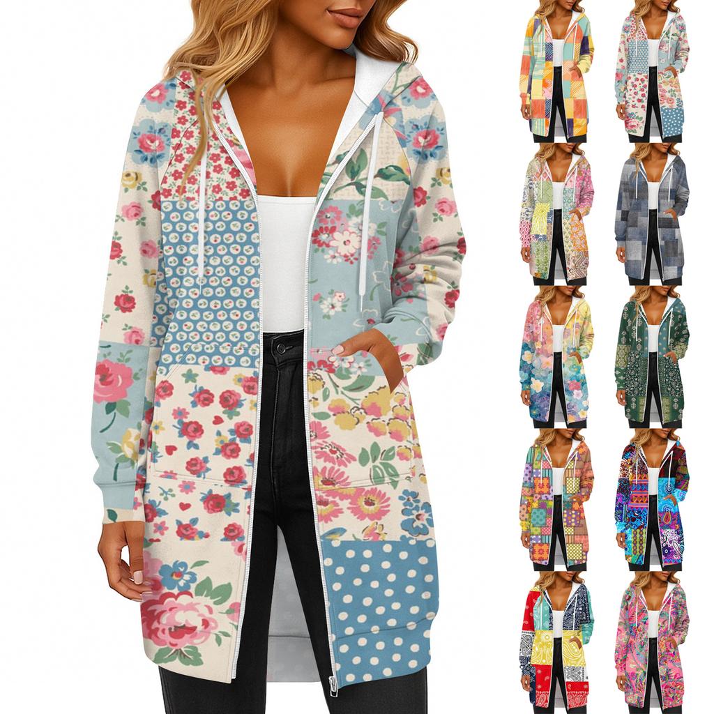Women's Fashionable Printed Long Sleeved Drawstring Hooded Zipper Pocket Long Casual Sweatshirt Jacket