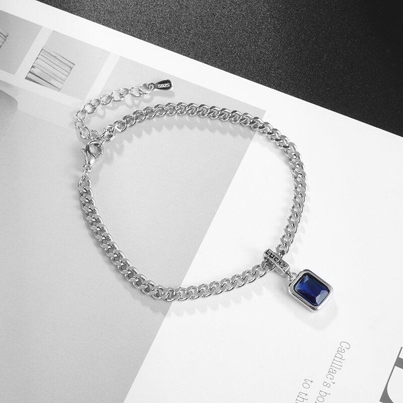 Simple Square Blue Zircon Bracelet Cuban Stainless Steel Jewelry Matching Cocktail Party Men Women Lucky Jewelry Gifts