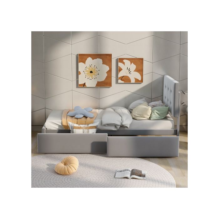 Lit rembourré 90 x 200 cm - MUVOE - Lit d'invité - Tiroirs de rangement - Métal - Montage facile